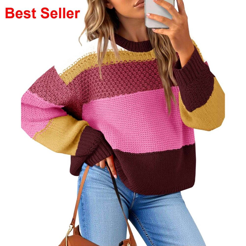 Cropped Pullover Sweater Oversized Striped Color Block Casual Winter Top